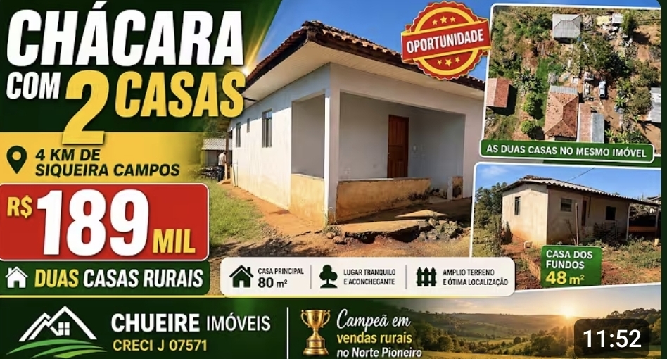 Capa do imóvel CHÁCARA COM 2 CASAS RURAIS - APENAS 4 KM DE SIQUEIRA CAMPOS - R$189mil