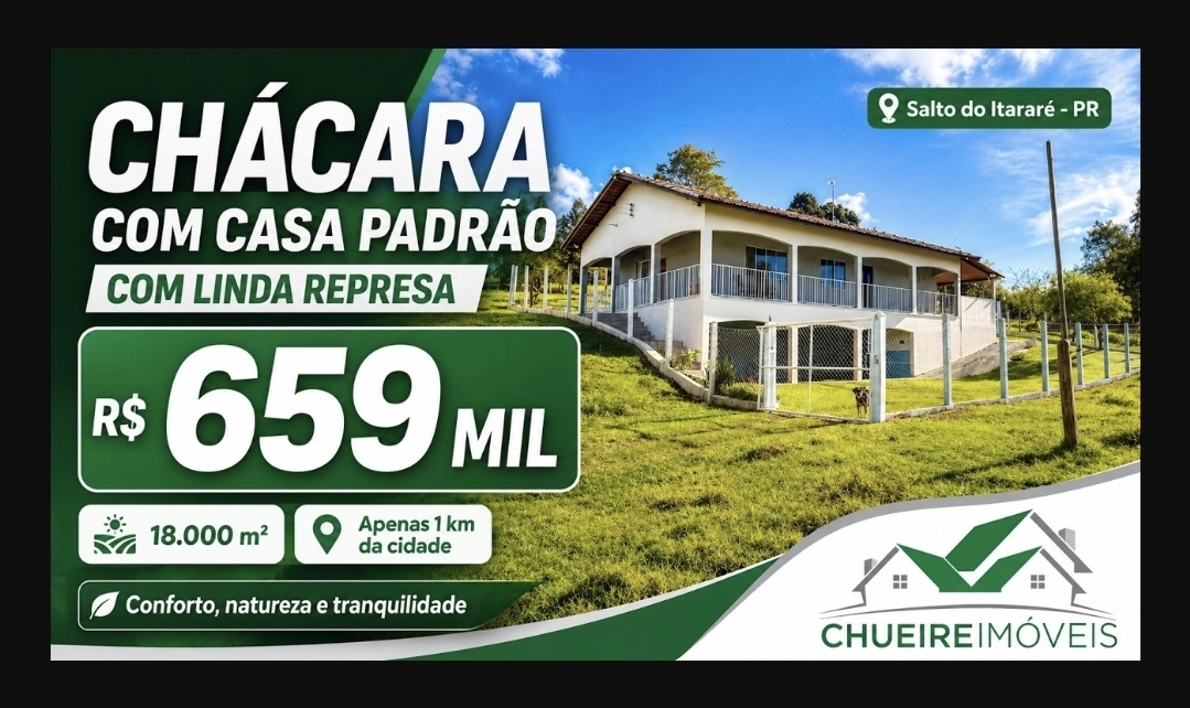 Capa do imóvel CHÁCARA COM CASA PADRÃO COM LINDA REPRESA - 18.000 m² - Salto do Itararé - PR R$659mil